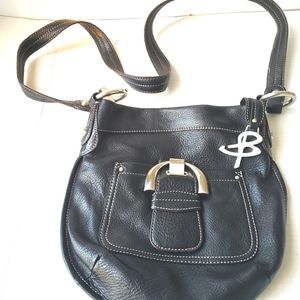 B. Makowsky black leather crossbows purse, leopard interior, great condition